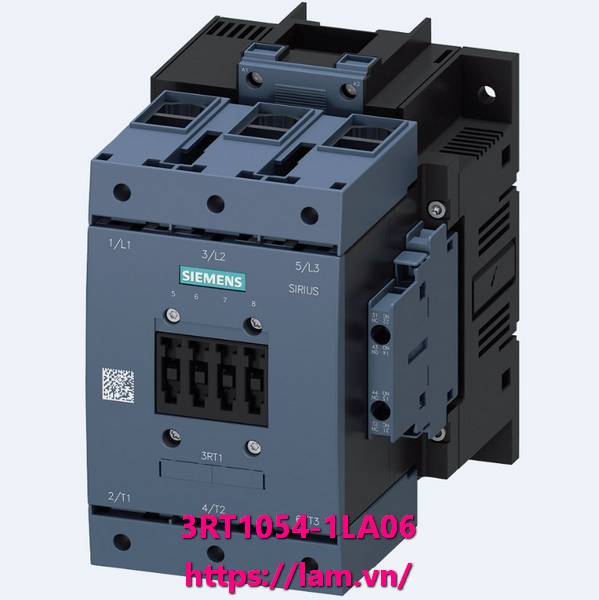 3RT1054-1LA06 power contactor, AC-3e/AC-3 115 A, 55 kW / 400 V, không có cơ cấu vận hành 3 cực, tiếp điểm phụ 2 NO + 2 NC dẫn động: mạch chính thông thường: hộp điều khiển đầu cuối và mạch phụ: vít phần cuối
