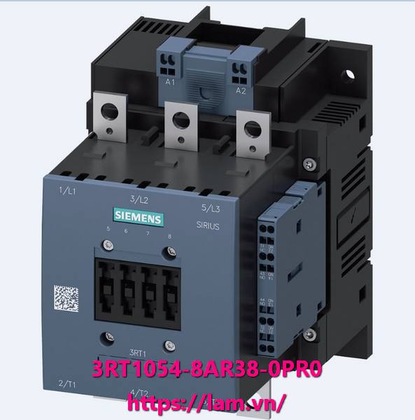 Công tắc tơ 3RT1054-8AR38-0PR0, AC-3e/AC-3 115 A, 55 kW / 400 V, AC (50-60 Hz) / DC Uc: 440-480 V 3 cực, công tắc phụ bên phải ổ 3RH1921-2DE11 : mạch chính quy ước: hộp đấu nối điều khiển và mạch phụ trợ: đấu nối vít