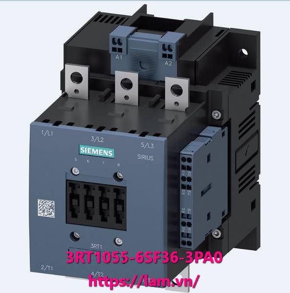 Công tắc tơ 3RT1055-6SF36-3PA0, AC-3e/AC-3 150 A, 75 kW / 400 V AC (50-60 Hz) / DC Uc: 96-127 V x (0,8-1,1) Đầu vào F-PLC 24 V DC 3 cực, tiếp điểm phụ 2 NO + 2 NC Bộ truyền động gắn cố định: mạch điện tử chính: điều khiển thanh cái và mạch phụ: đầu cực ví