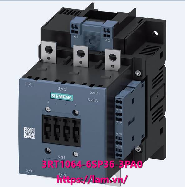 Công tắc tơ 3RT1064-6SP36-3PA0, AC-3e/AC-3 225 A, 110 kW / 400 V AC (50-60 Hz) / DC 200-277 V x (0,8-1,1) Đầu vào F-PLC 24 V DC 3 -cực, tiếp điểm phụ 2 NO + 2 NC Bộ truyền động gắn cố định: mạch điện tử chính: điều khiển thanh cái và mạch phụ: đầu cực vít