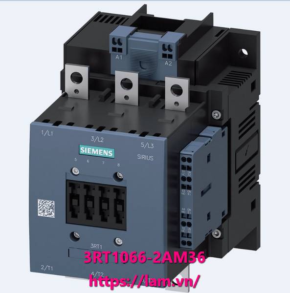 Công tắc tơ 3RT1066-2AM36, AC-3e/AC-3 300 A, 160 kW / 400 V, AC (50-60 Hz) / DC Uc: 200-220 V 3 cực, tiếp điểm phụ 2 NO + 2 NC truyền động: mạch chính thông thường: điều khiển thanh cái và mạch phụ: thiết bị đầu cuối lò xo