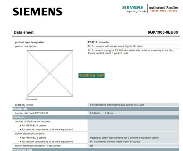 Đầu Nối M12 ET 200 6GK1905-0EB00 - Phích Cắm Trục Cáp, 5 Cái/Hộp - Chính Hãng Siemens