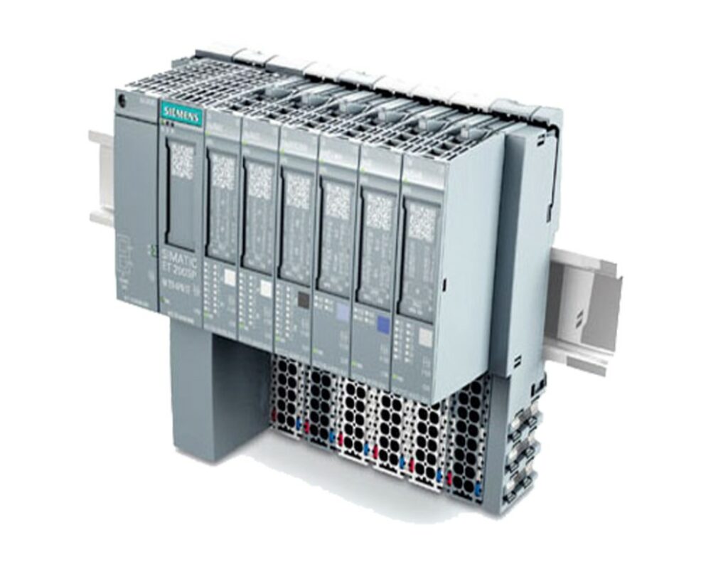 Siemens SIMATIC ET 200SP modular distributed IO system mounted on a DIN rail