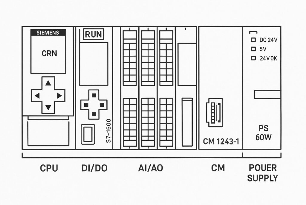 PLC Siemens S7-1500 – Bảng giá, datasheet, manual và hướng dẫn lập trình 2025 3 Sơ đồ rack S7-1500 gồm CPU, module DI/DO, AI/AO, CM 1243-1, nguồn PS 60W